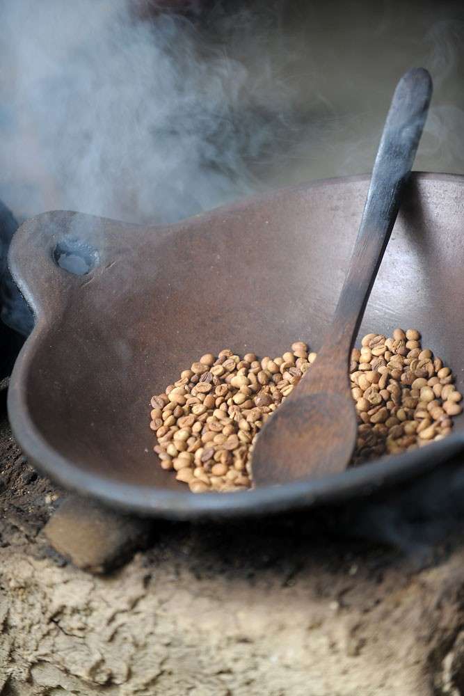 Traditional coffee bean roasting.