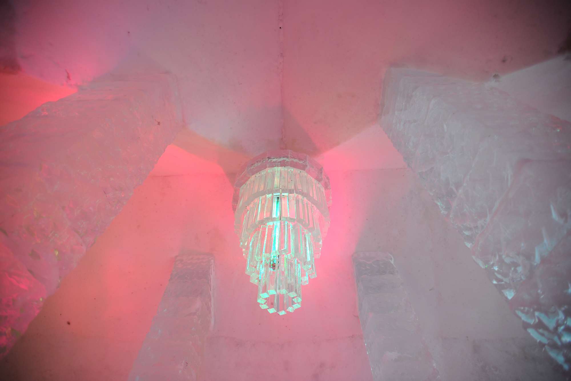 The ever changing lights of the Ice Hotel's chandelier.